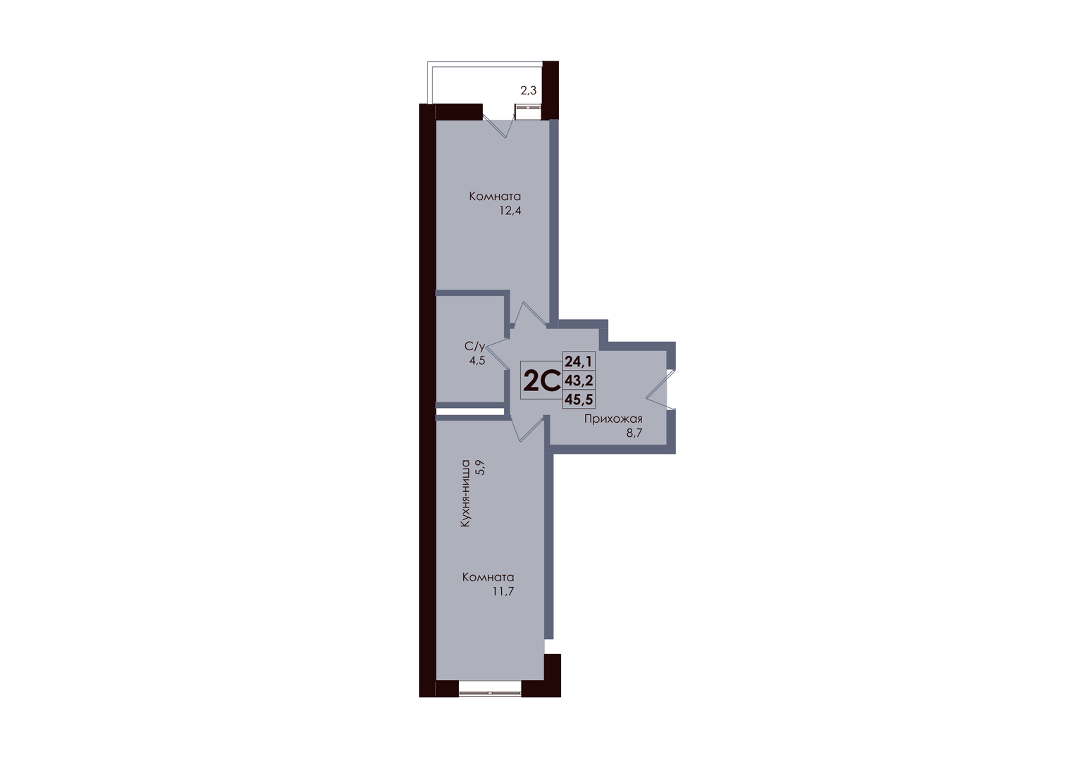 Планировка 2-комнатная 44,35 м²