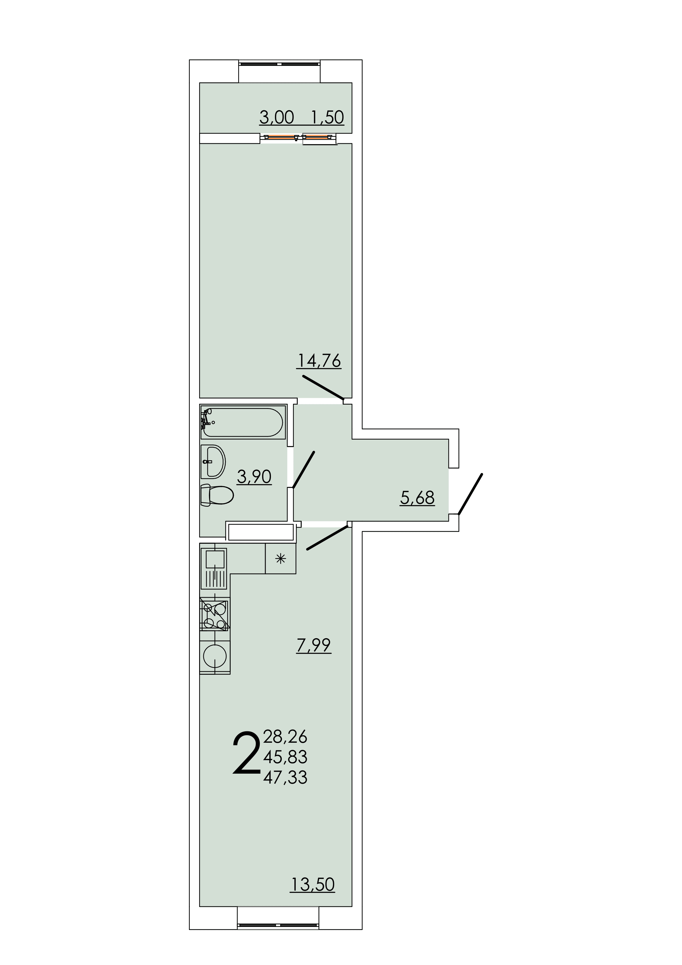 Планировка 2-комнатная 47,33 м²