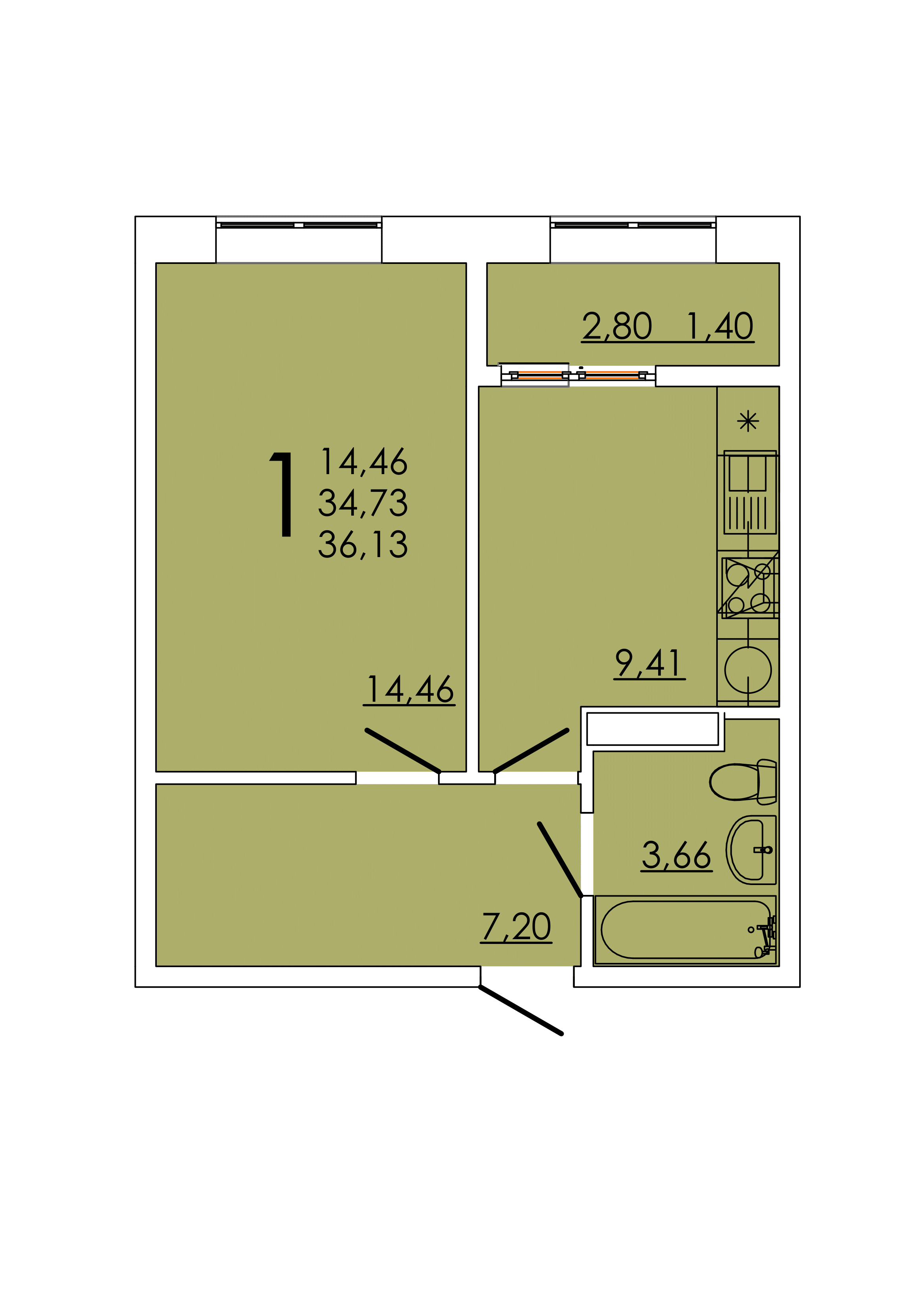 Планировка 1-комнатная 36,13 м²