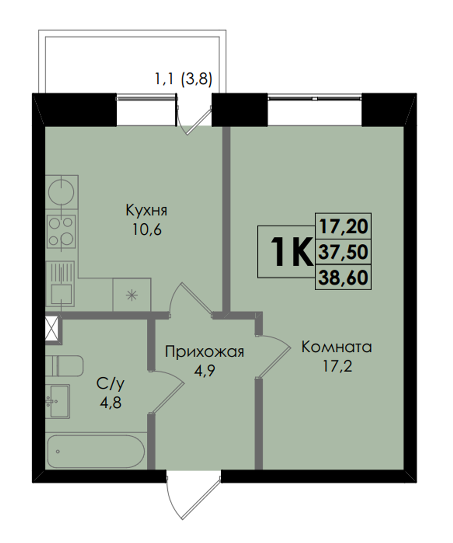 Планировка 1-комнатная 38,6 м²