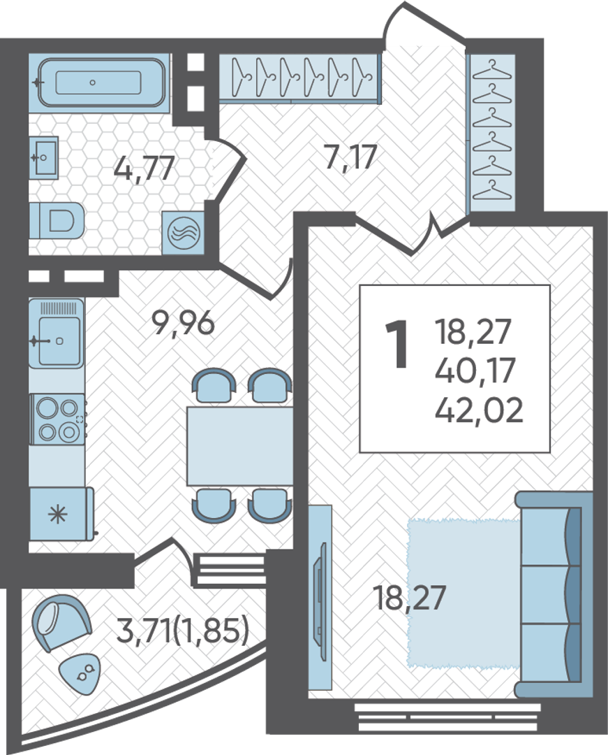 Планировка 1-комнатная 42,02 м²