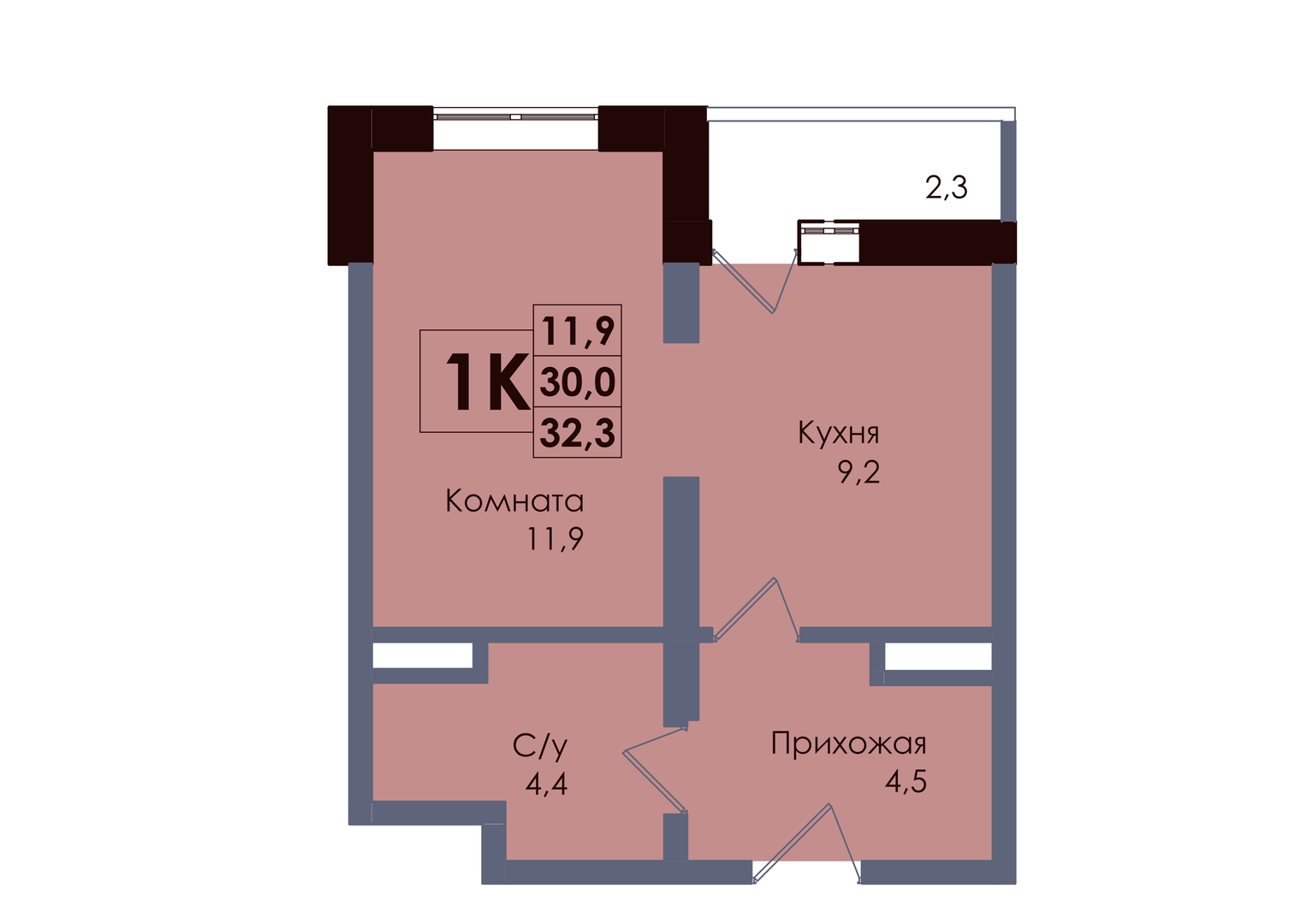Планировка 1-комнатная 31,15 м²