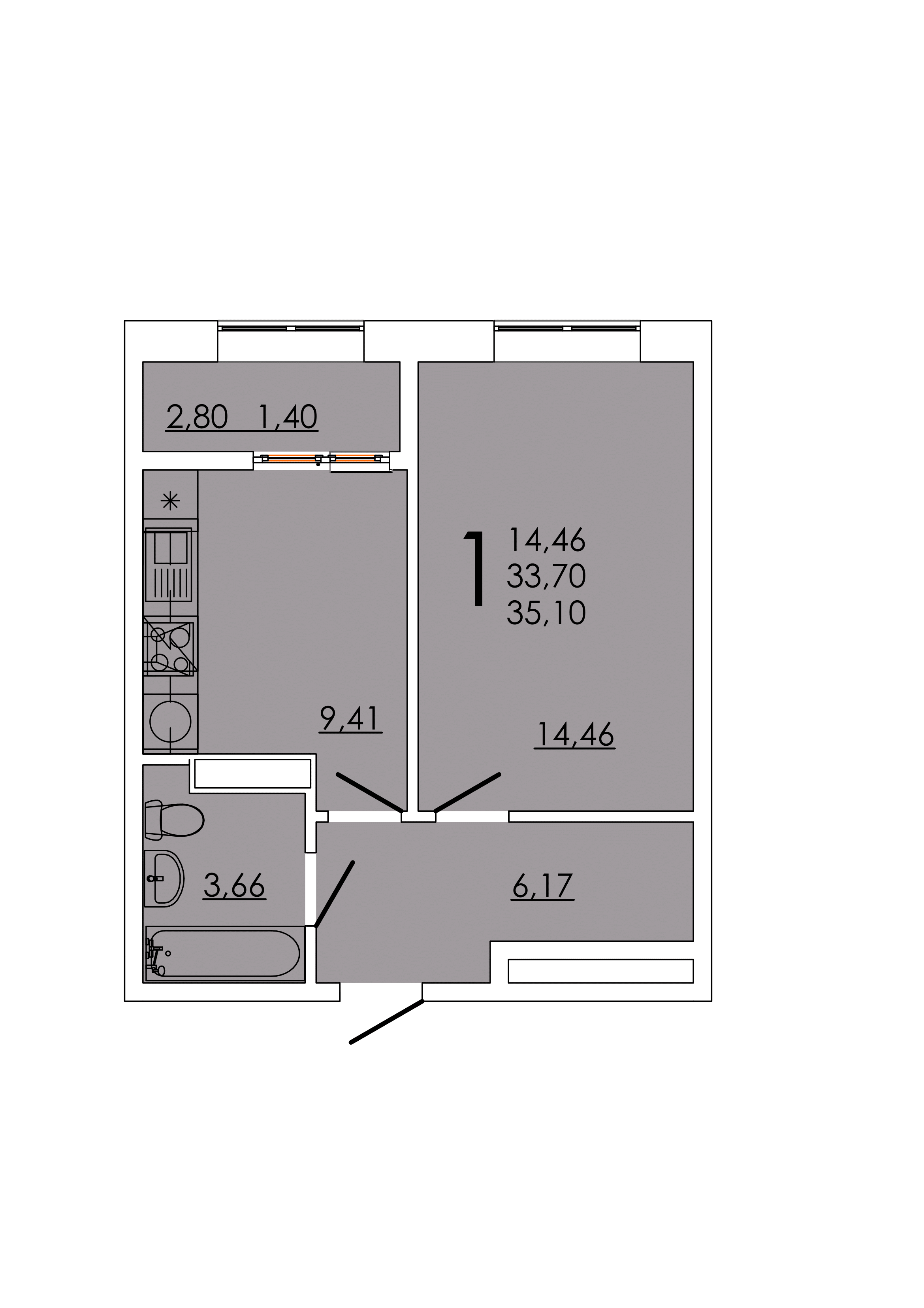 Планировка 1-комнатная 35,1 м²