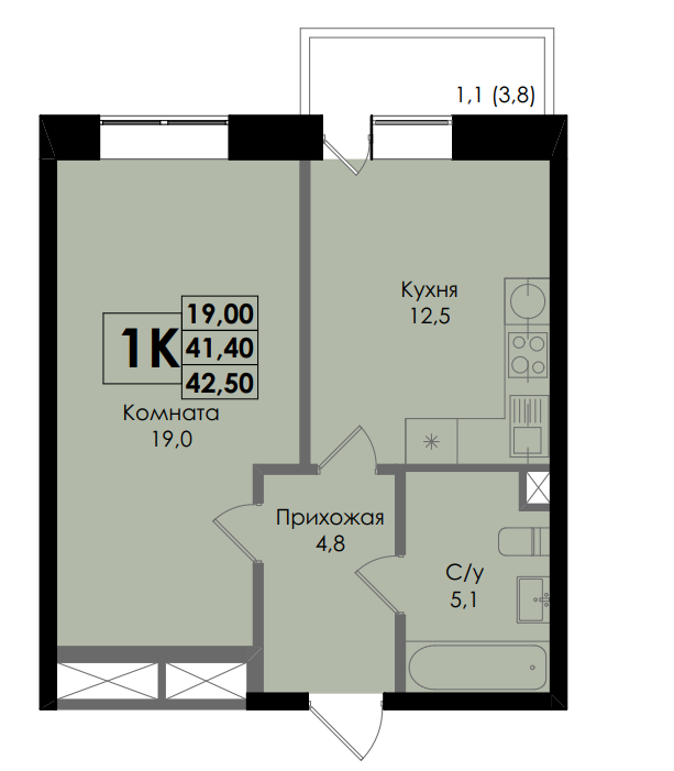 Планировка 1-комнатная 42,5 м²