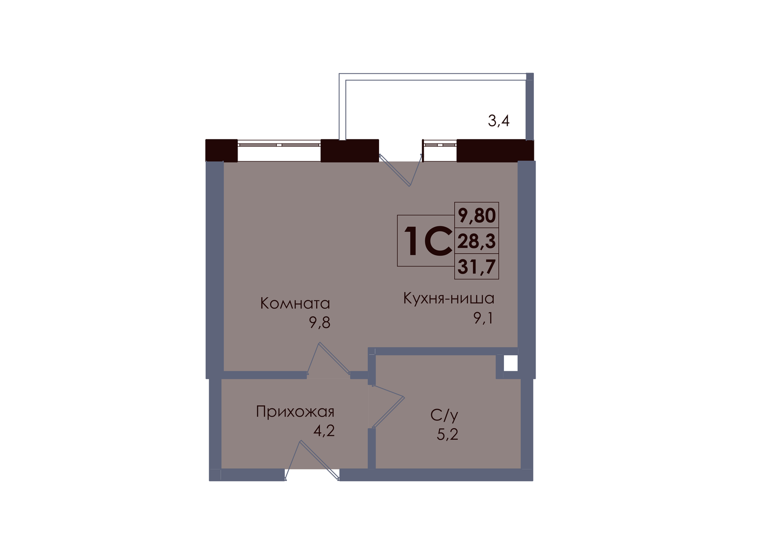 Планировка 1-комнатная 29,32 м²