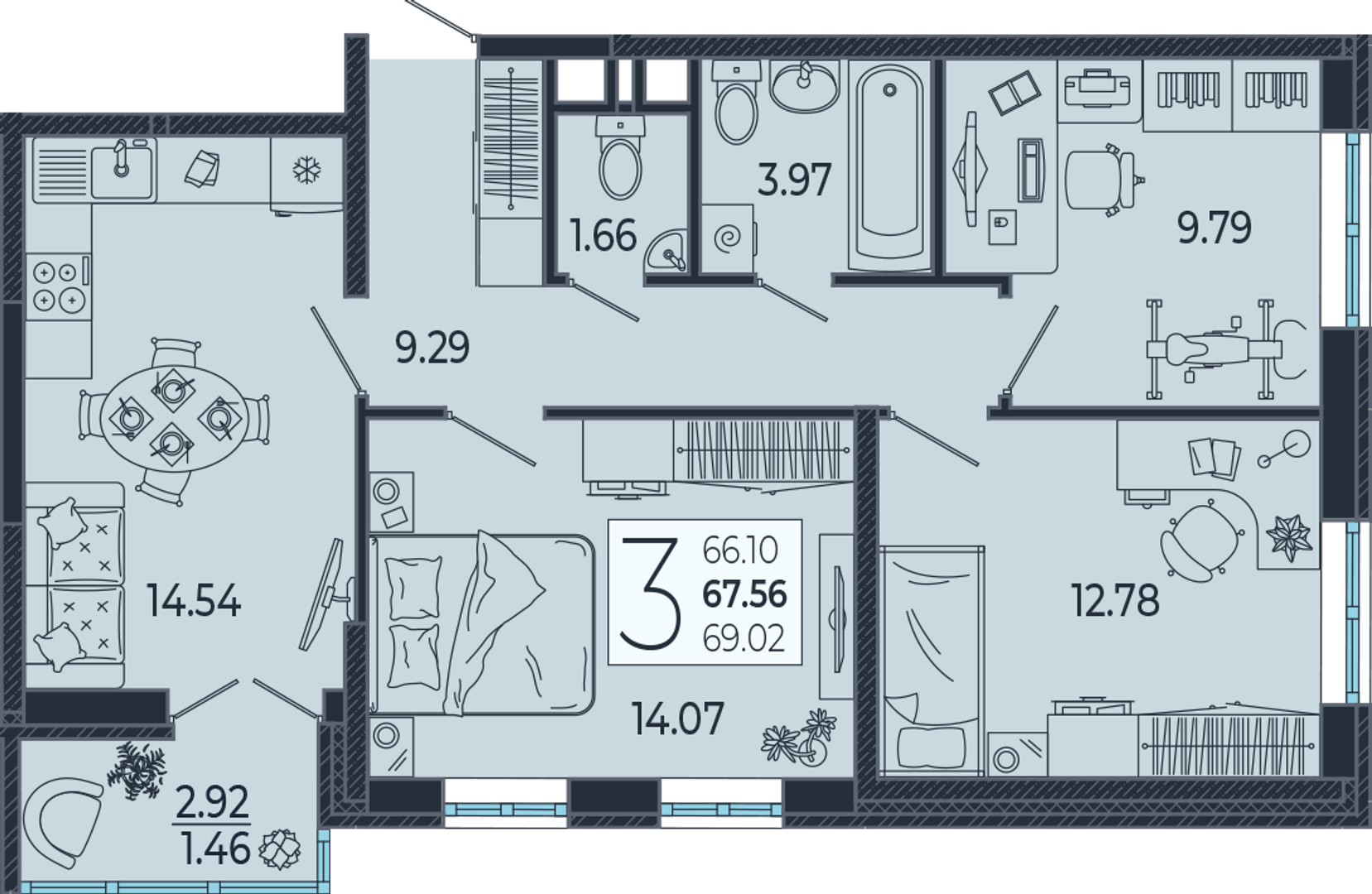 Планировка 3-комнатная 68,1 м²