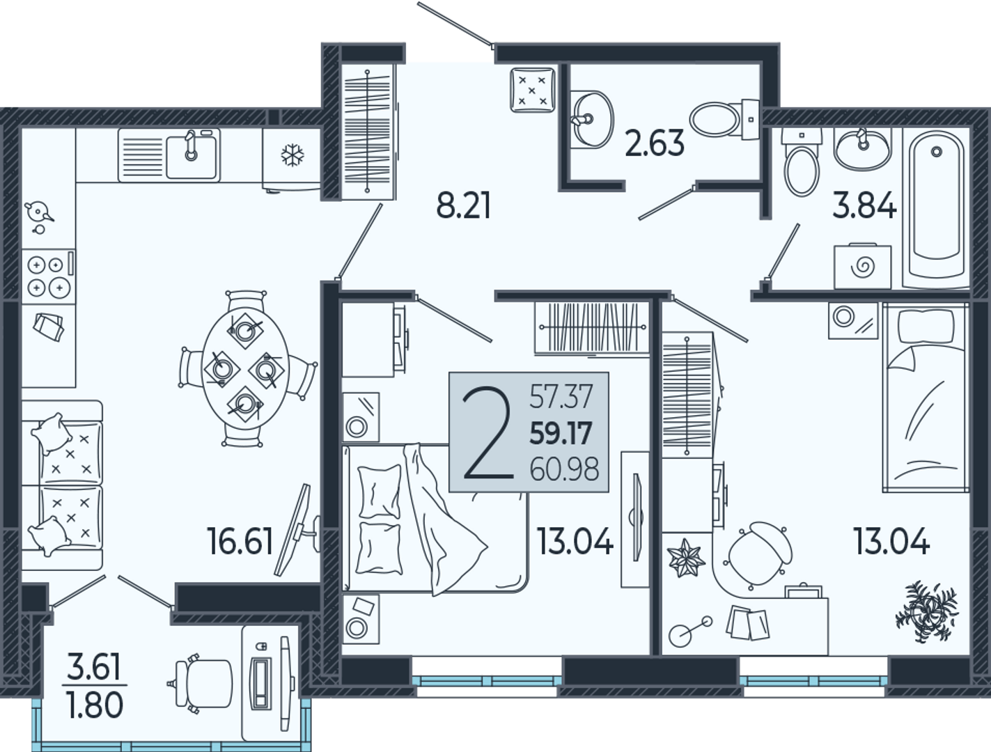 Планировка 2-комнатная 59,2 м²