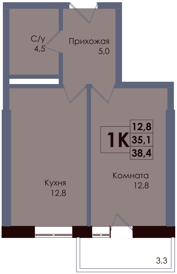 Планировка 1-комнатная 36,09 м²