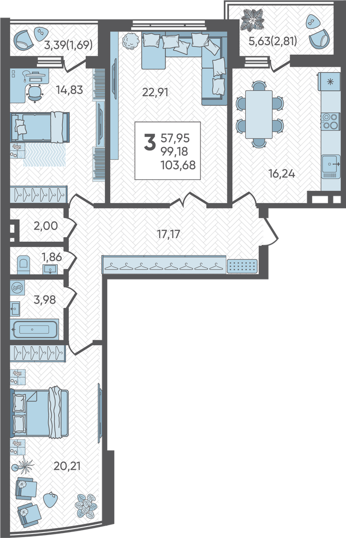 Планировка 3-комнатная 103,68 м²
