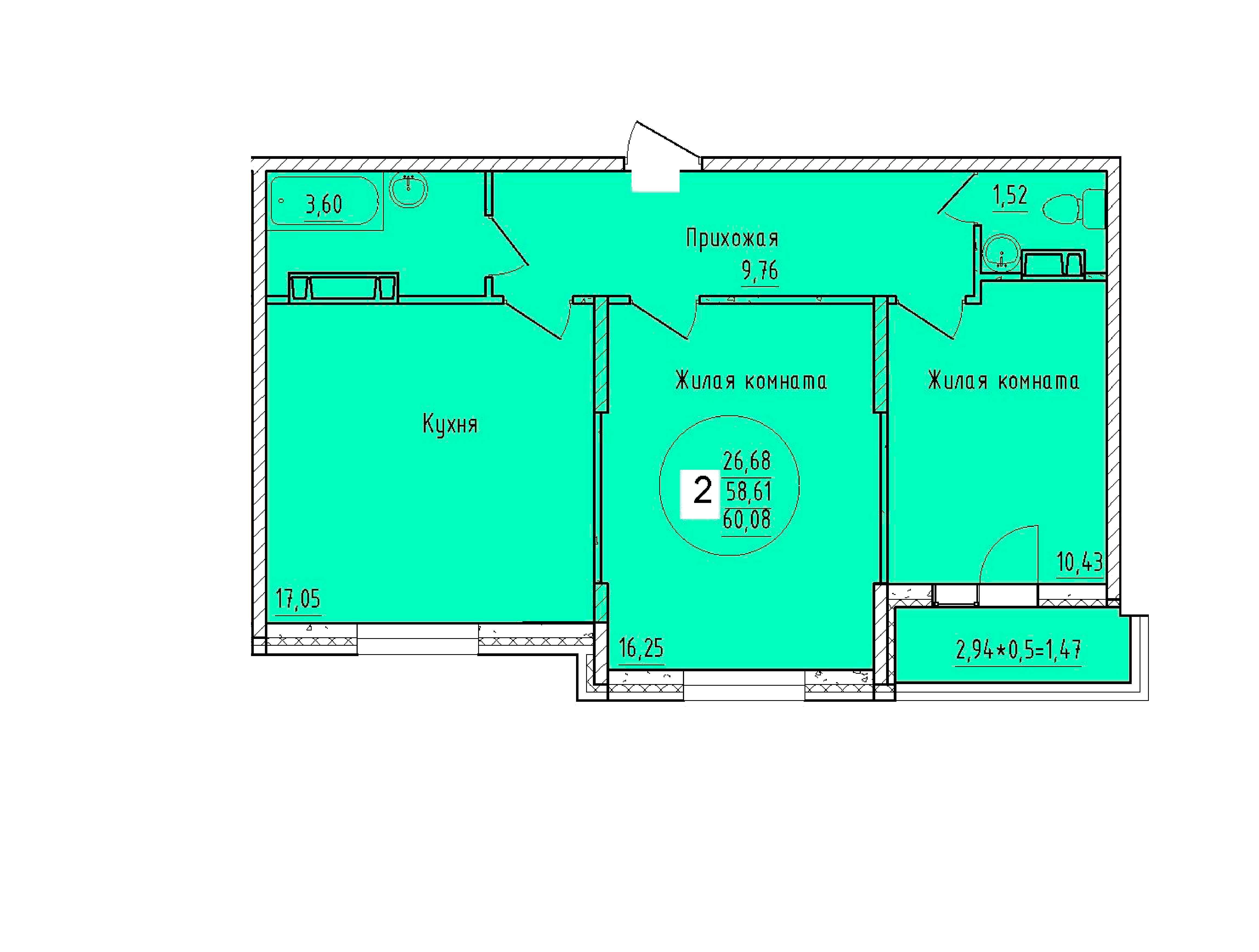 Планировка 2-комнатная 61,25 м²