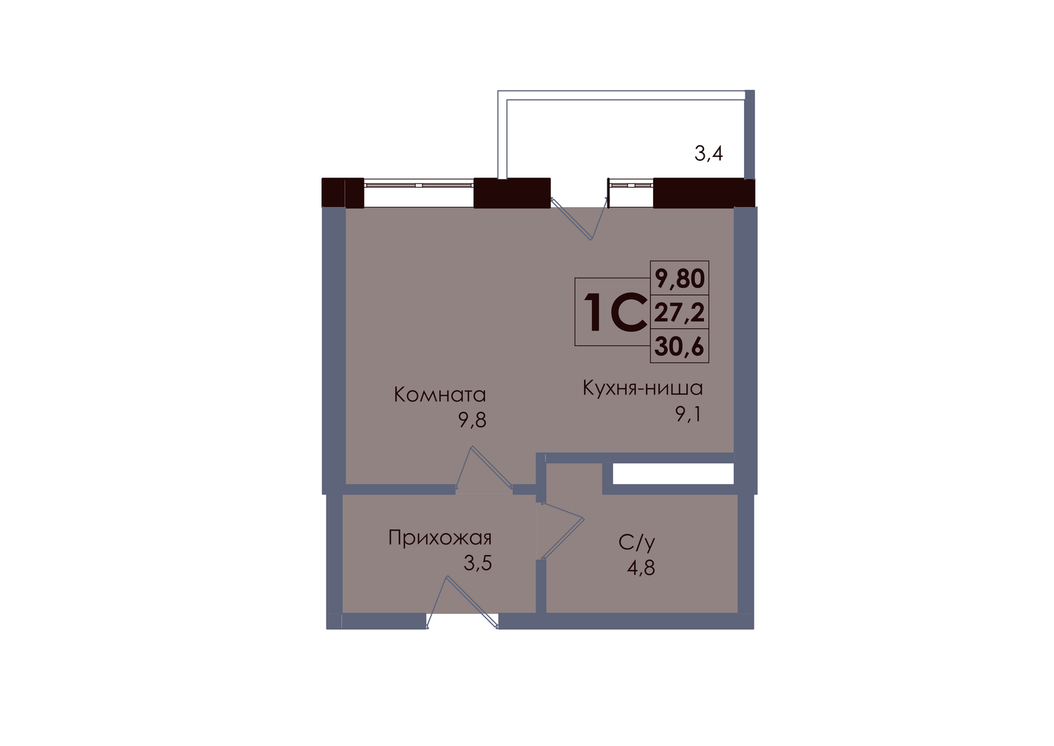Планировка 1-комнатная 28,22 м²