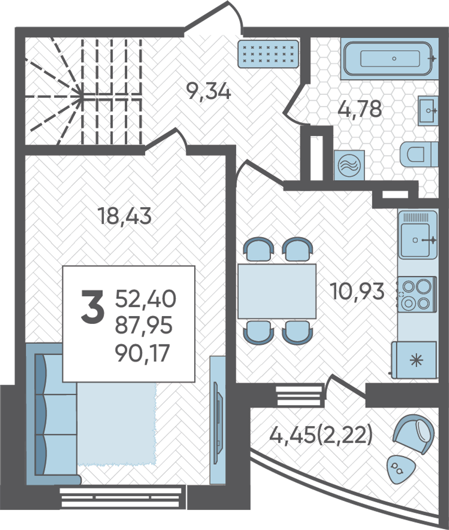 Планировка 3-комнатная 90,17 м²