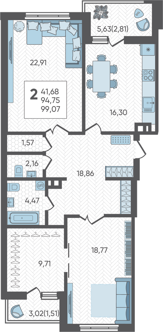 Планировка 2-комнатная 99,07 м²
