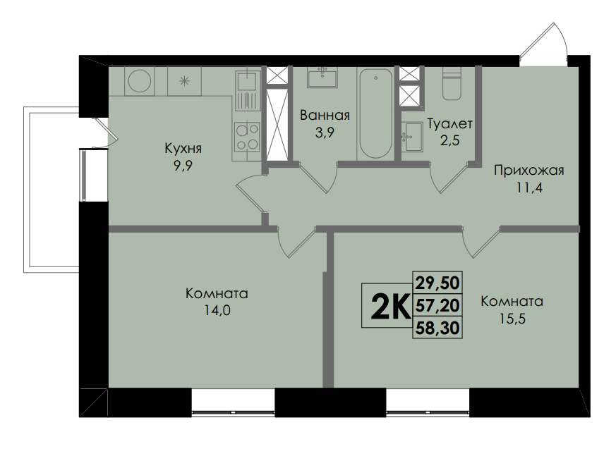 Планировка 2-комнатная 58,3 м²