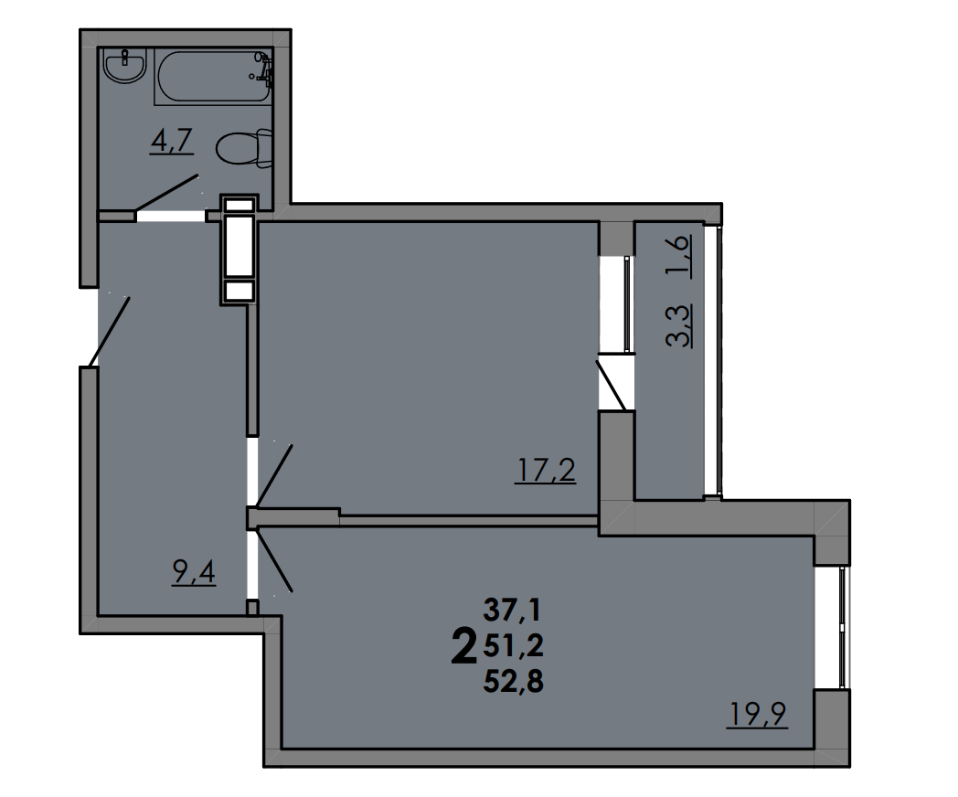 Планировка 2-комнатная 53 м²