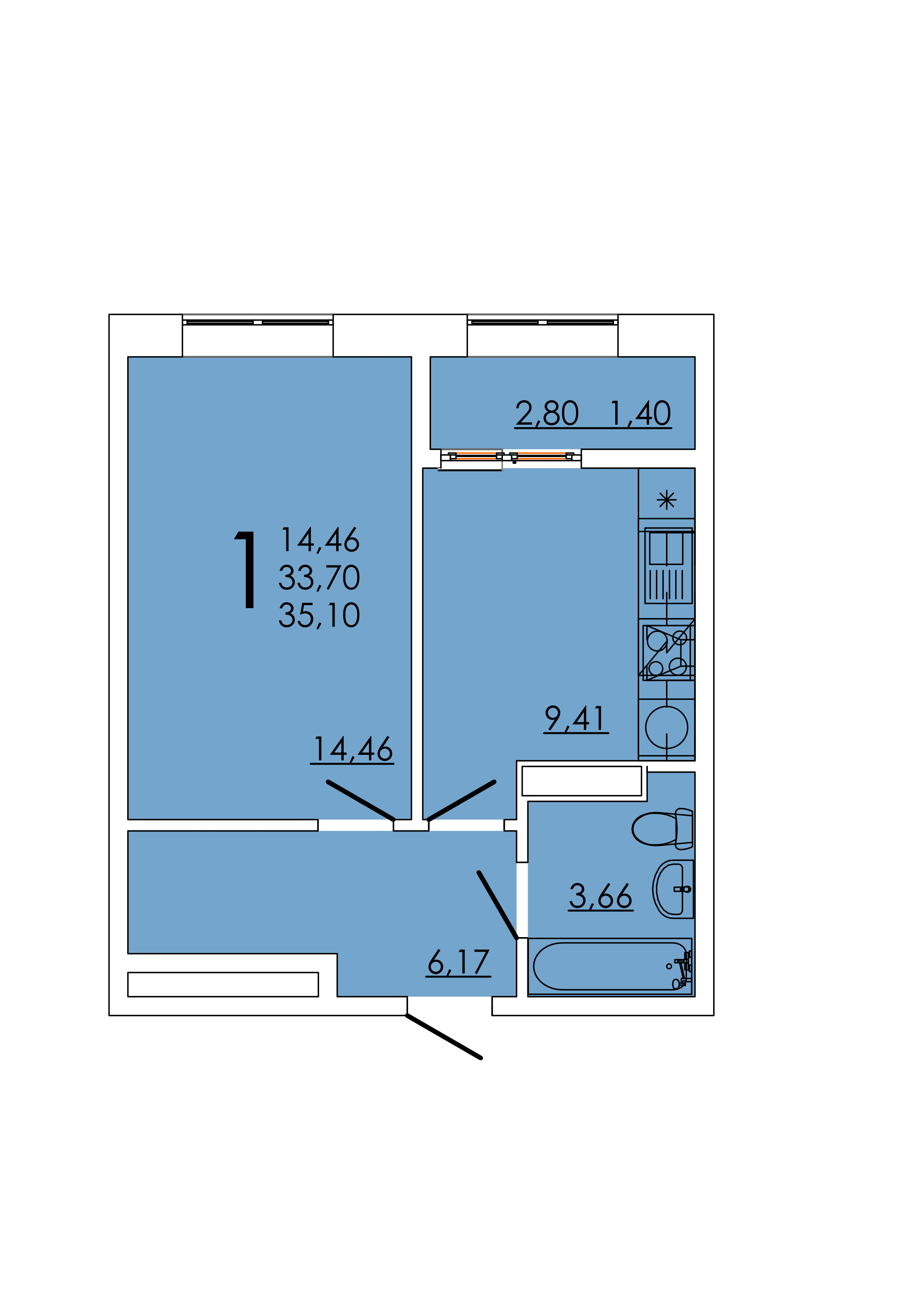 Планировка 1-комнатная 35,1 м²