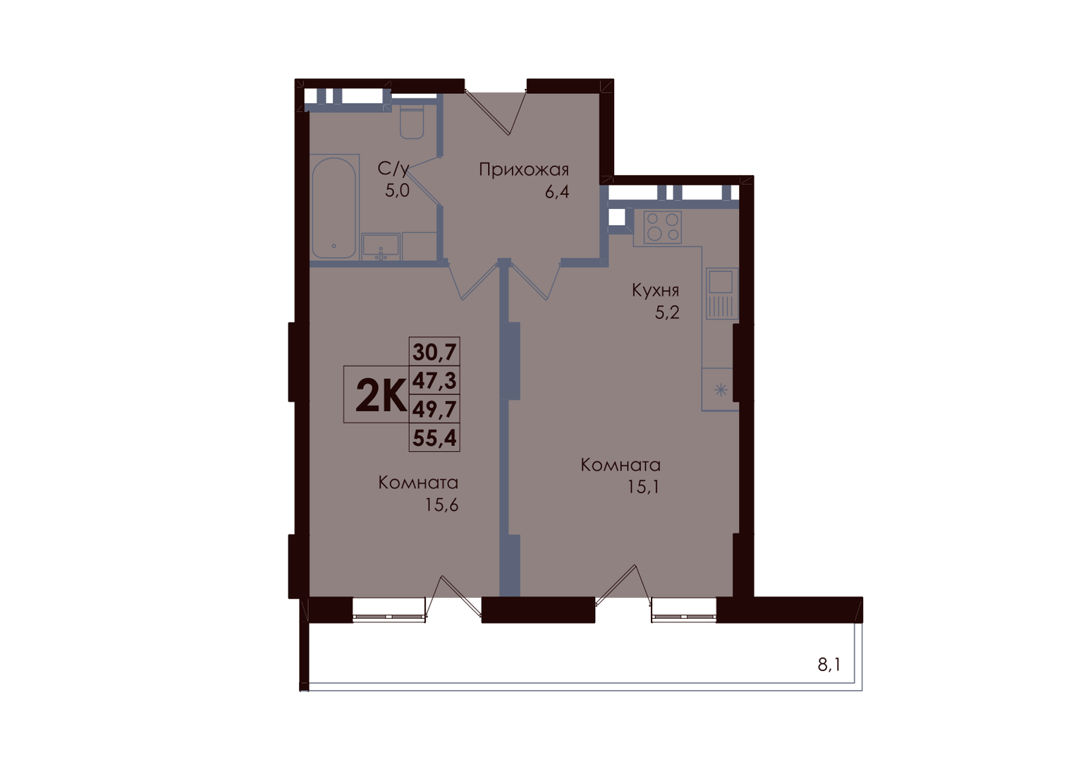 Планировка 2-комнатная 49,31 м²