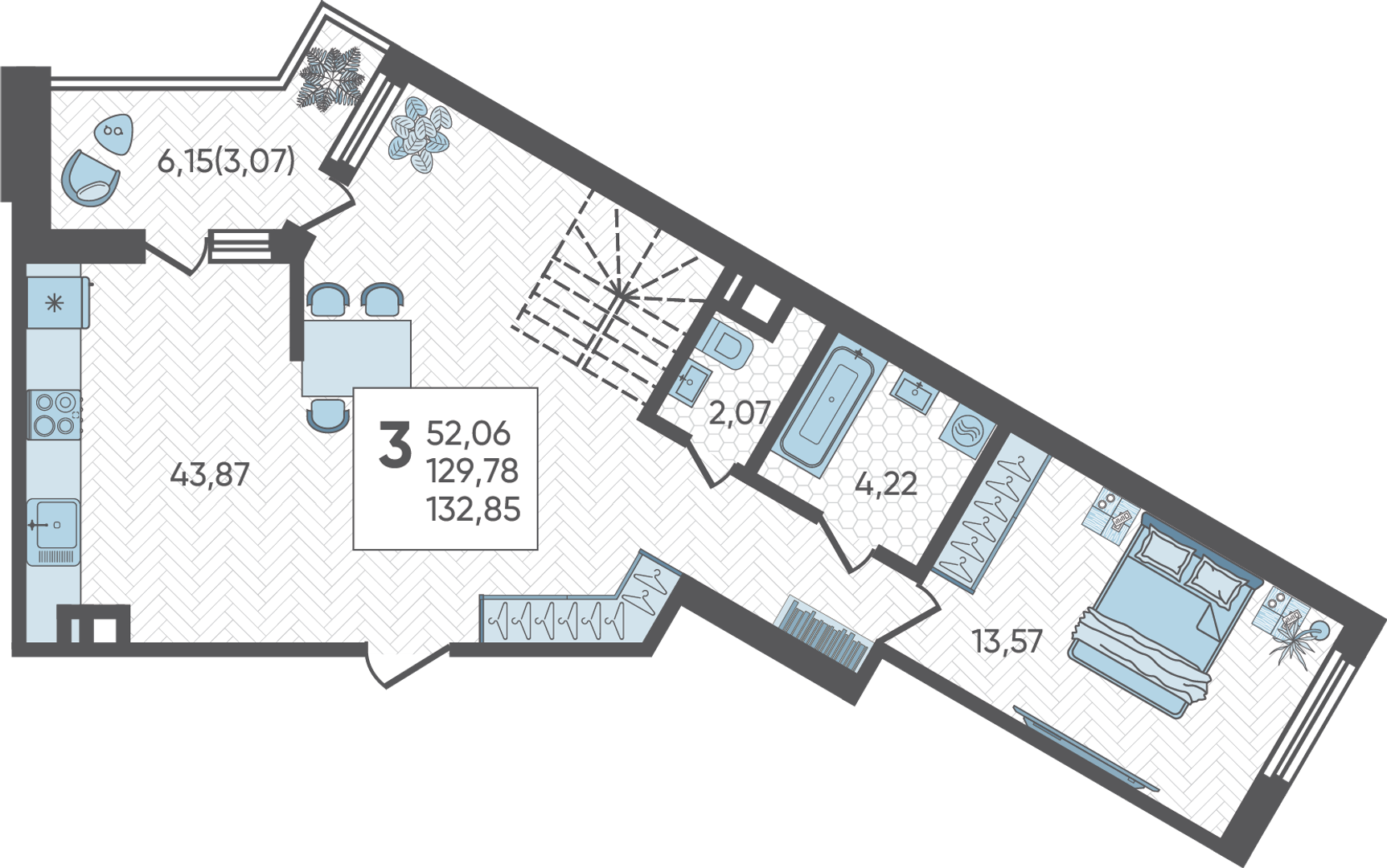 Планировка 3-комнатная 132,85 м²
