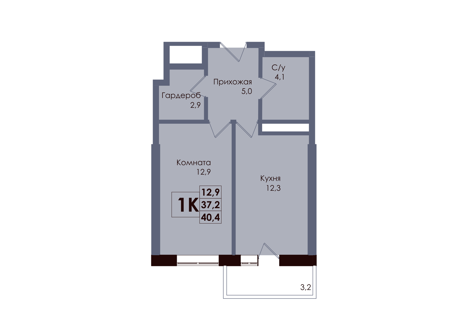 Планировка 1-комнатная 38,16 м²