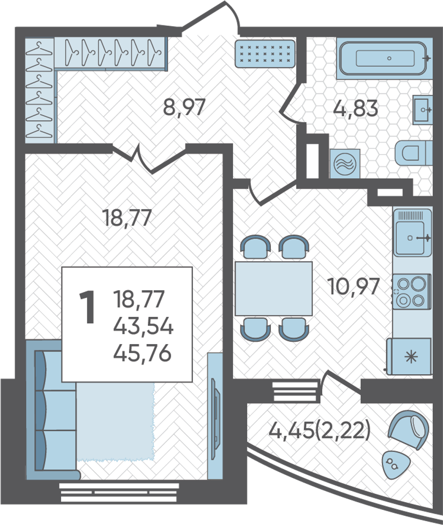 Планировка: 1-комн. квартира 45,8 м²