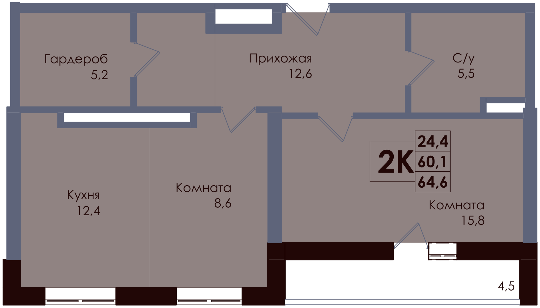 Планировка 2-комнатная 62,35 м²