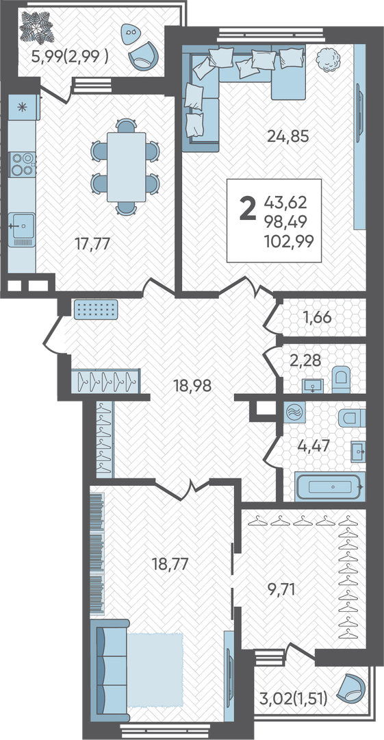 Планировка 2-комнатная 102,99 м²