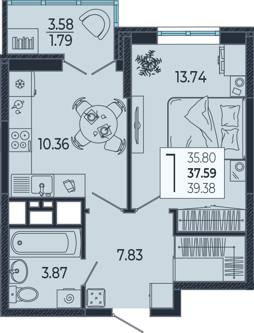 Планировка 1-комнатная 37,6 м²