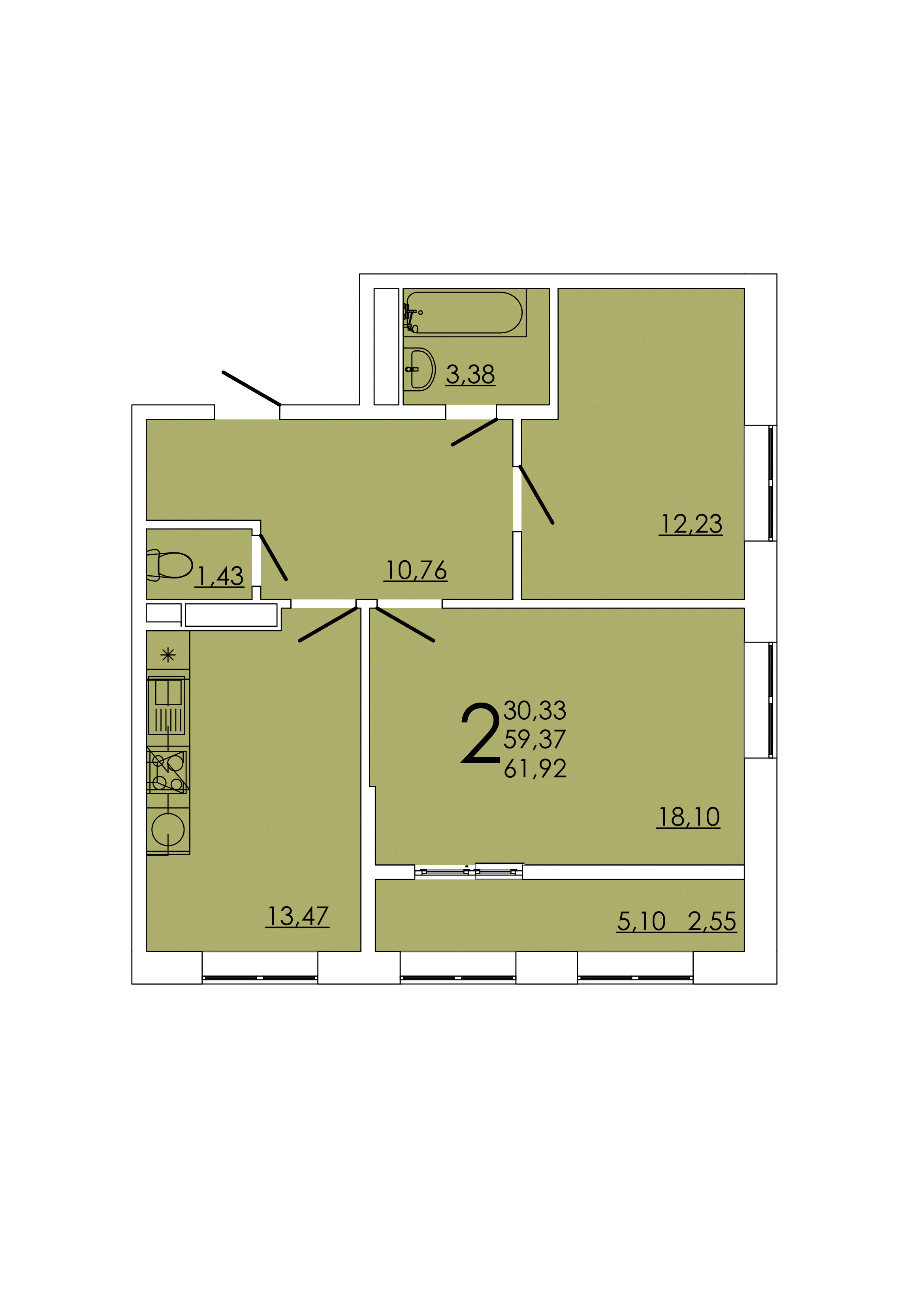 Планировка 2-комнатная 61,92 м²