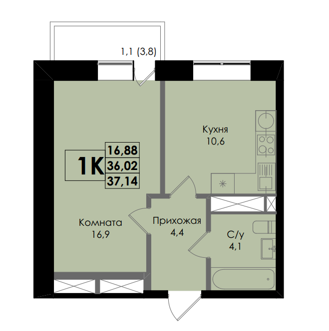 Планировка 1-комнатная 37,14 м²