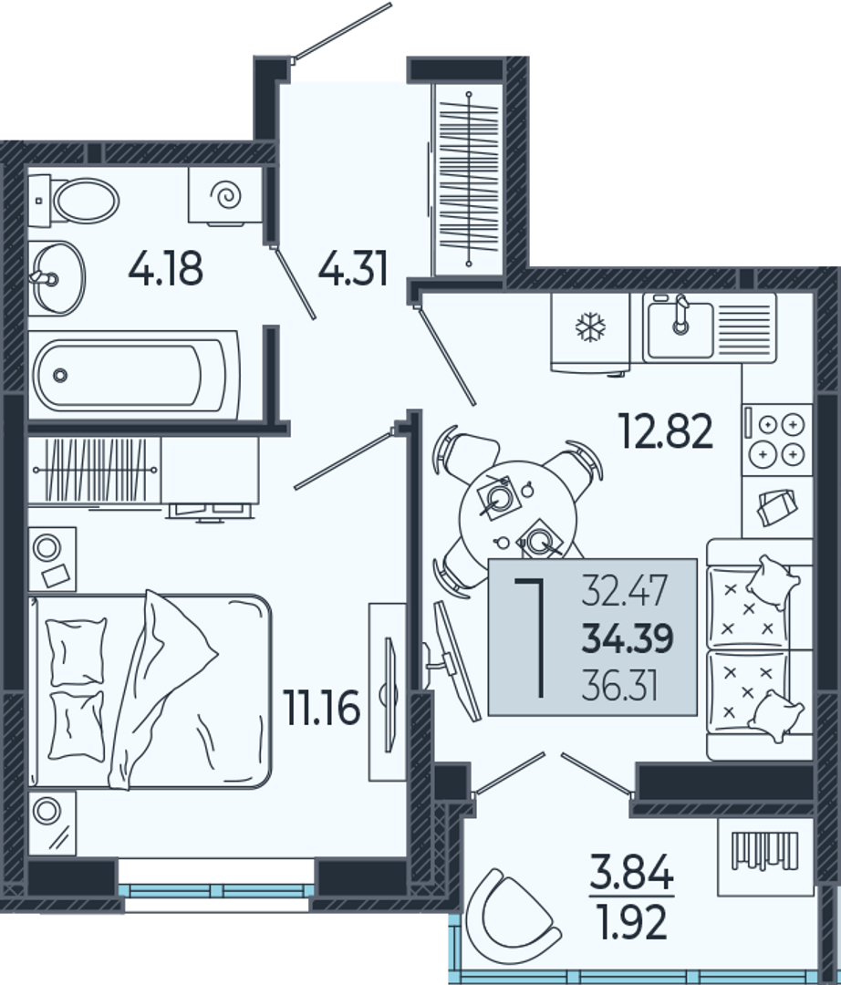 Планировка 1-комнатная 34,5 м²