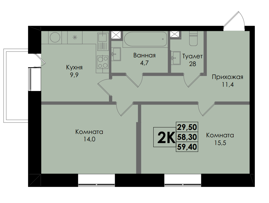 Планировка 2-комнатная 59,4 м²