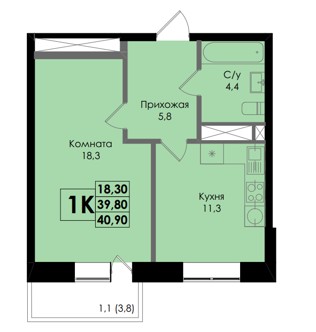 Планировка 1-комнатная 40,9 м²