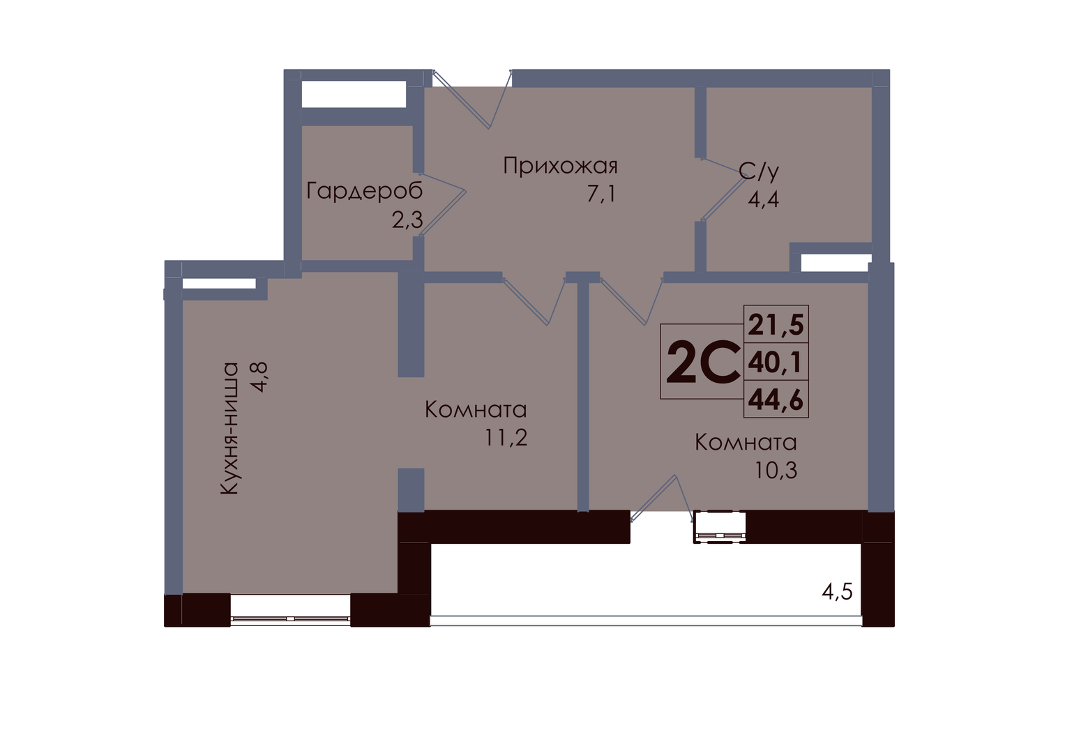 Планировка 2-комнатная 42,35 м²