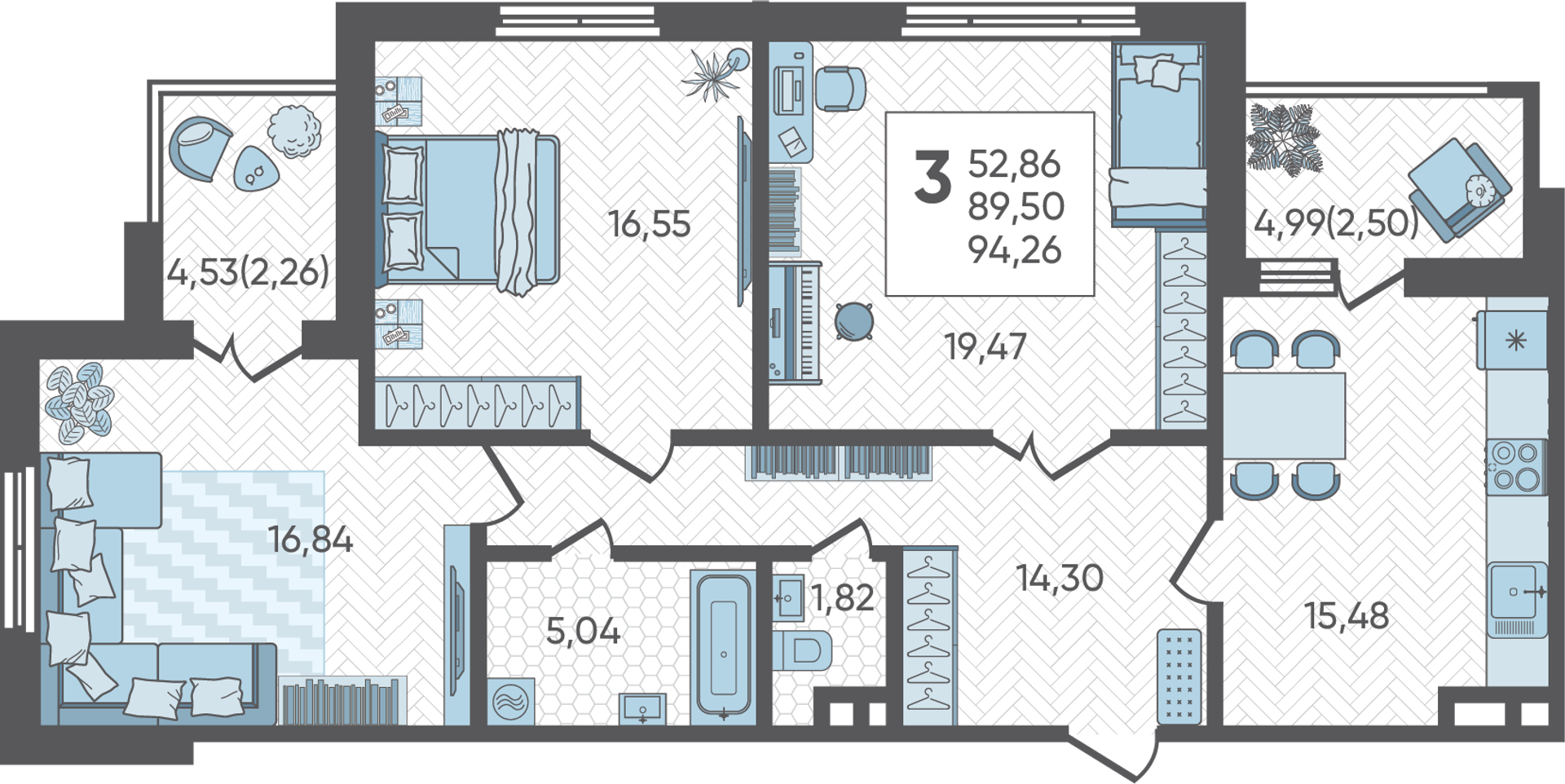 Планировка: 3-комн. квартира 94,3 м²