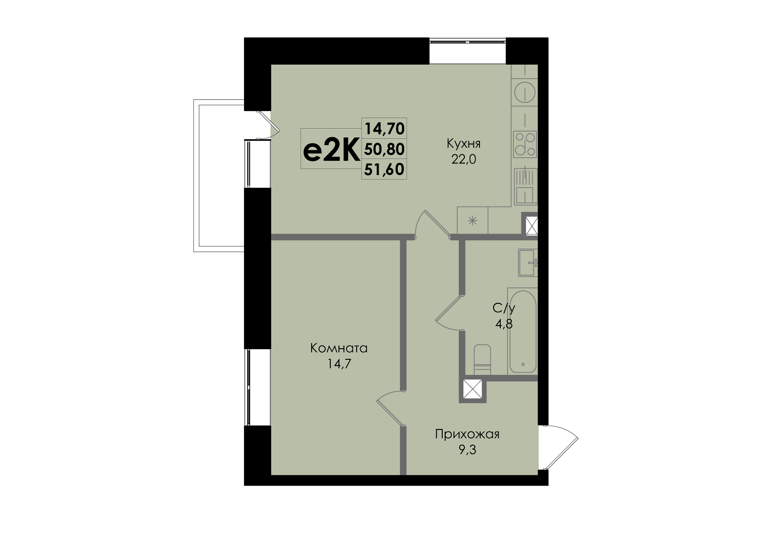 Планировка 2-комнатная 51,6 м²