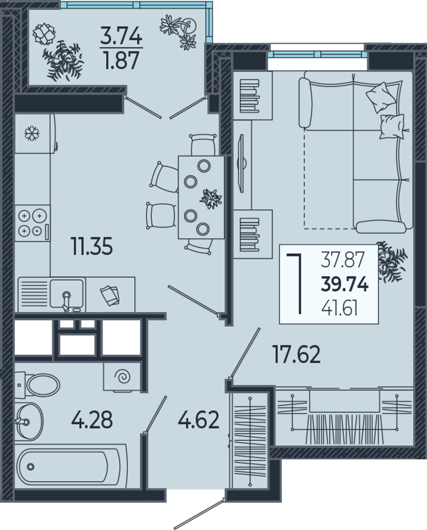 Планировка 1-комнатная 40 м²
