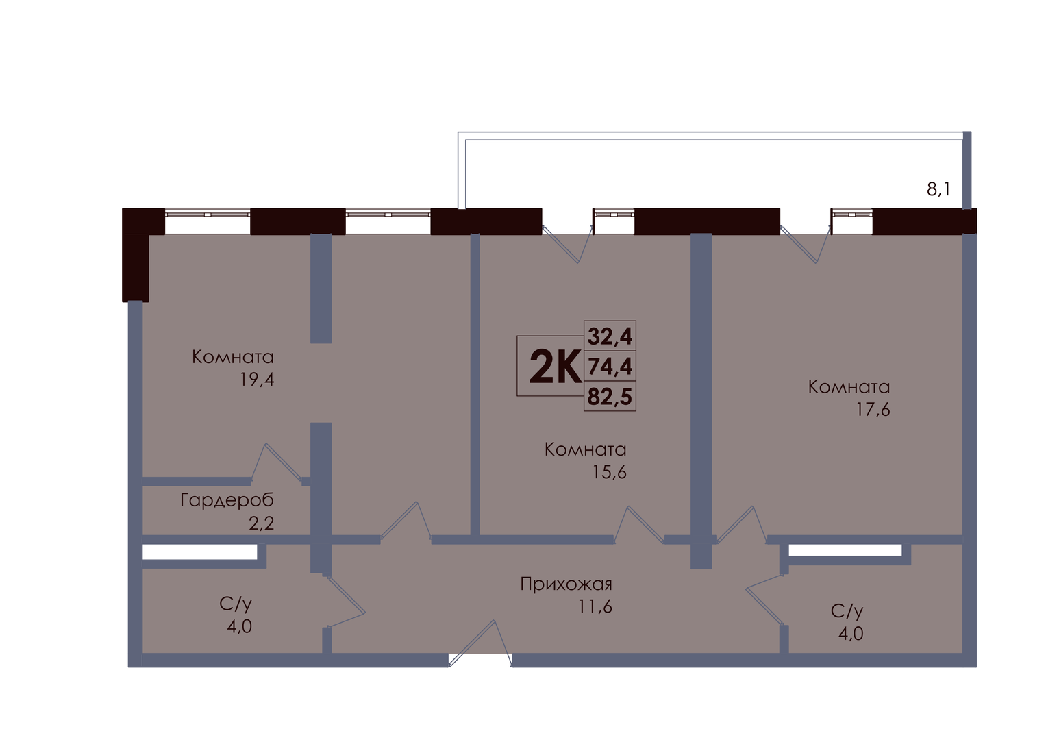 Планировка 2-комнатная 76,83 м²