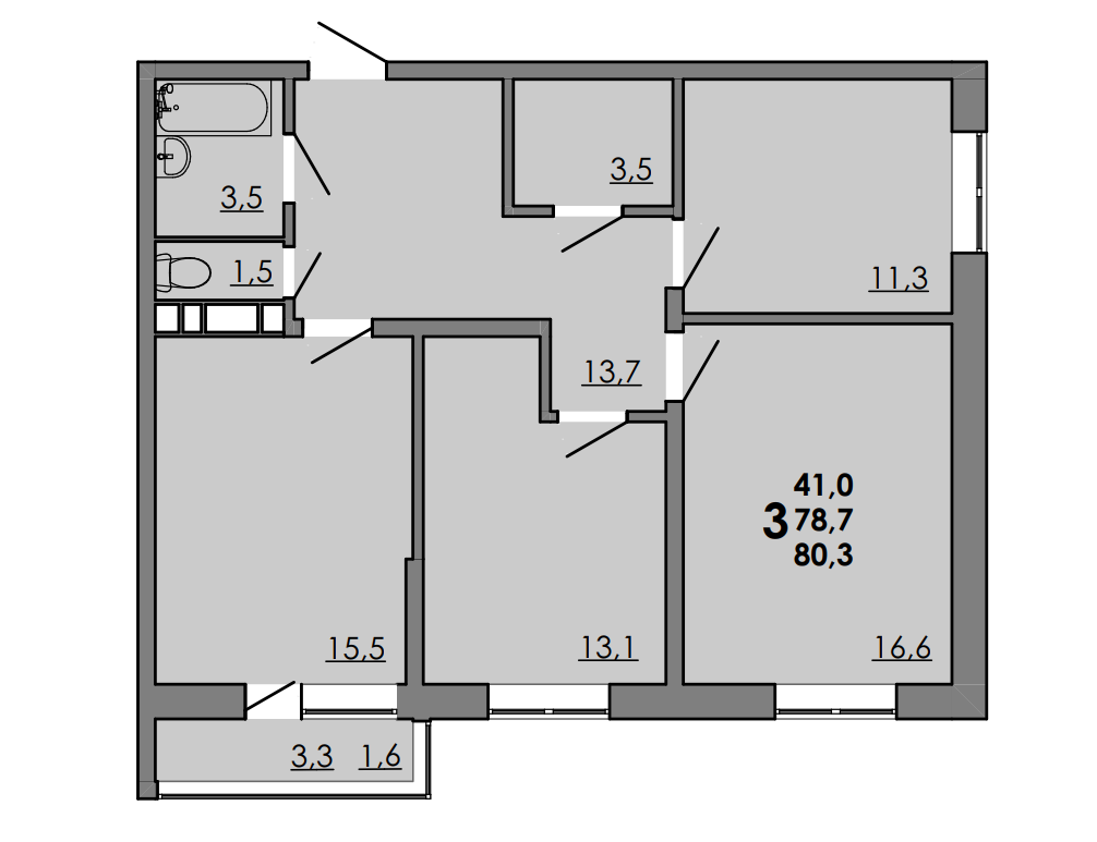 Планировка 3-комнатная 80 м²