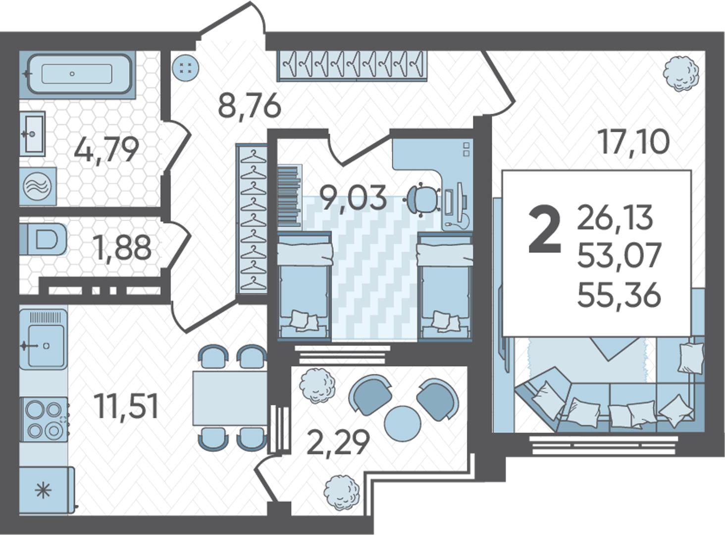 Планировка: 2-комн. квартира 55,4 м²