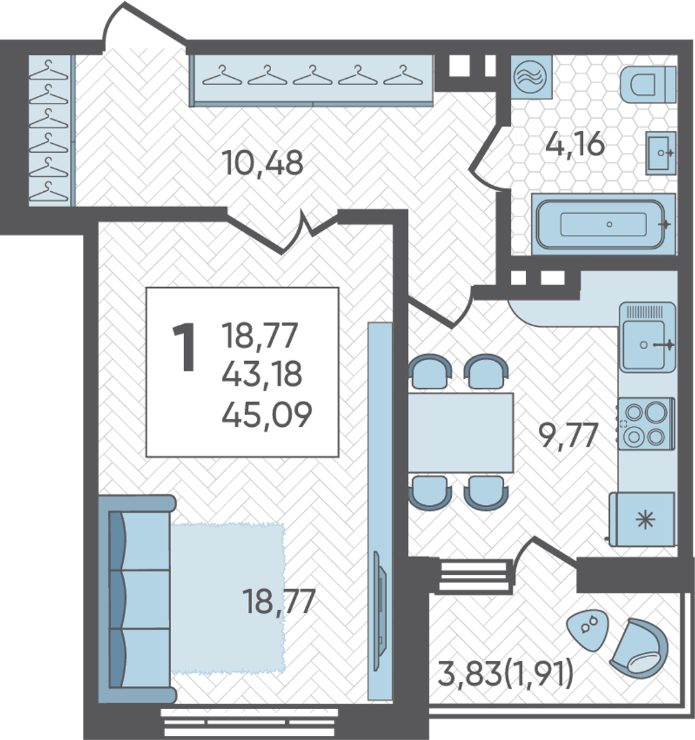 Планировка 1-комнатная 45,09 м²