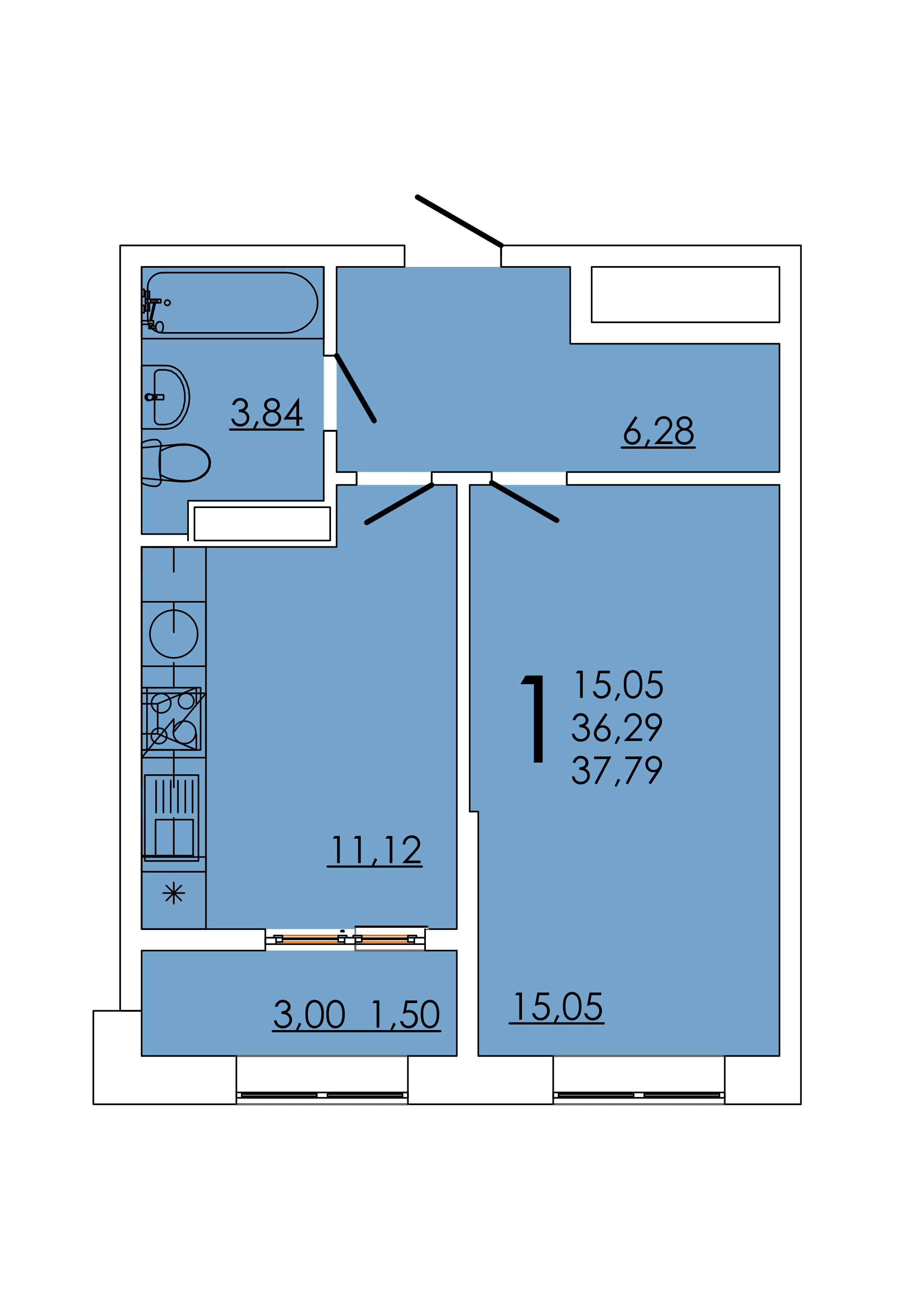 Планировка 1-комнатная 37,79 м²