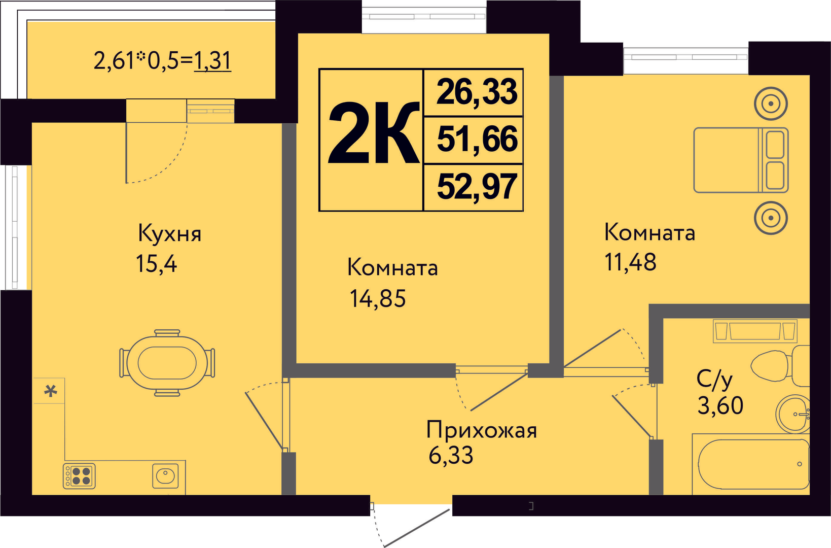 Планировка 2-комнатная 52,97 м²