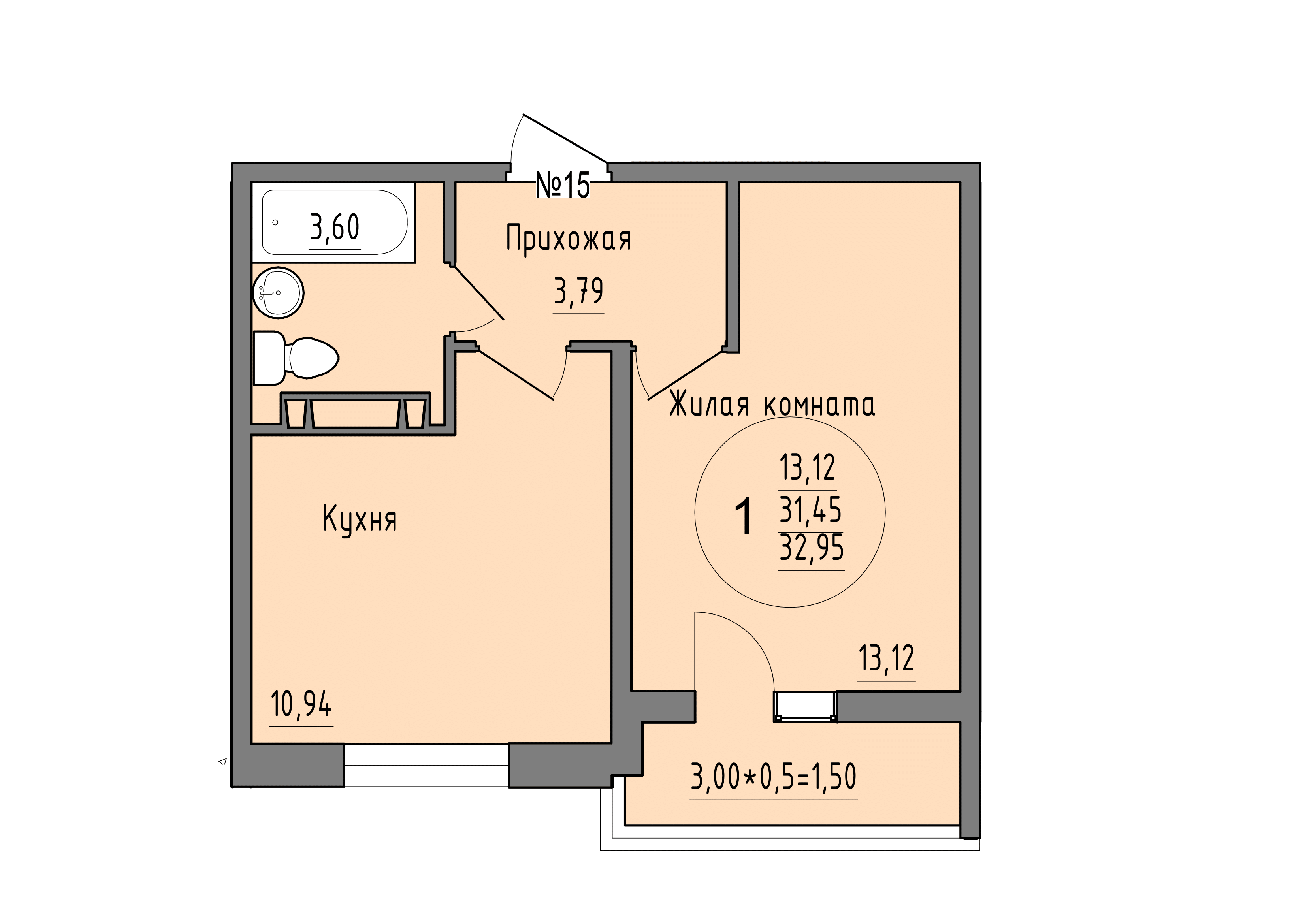 Планировка 1-комнатная 32,95 м²