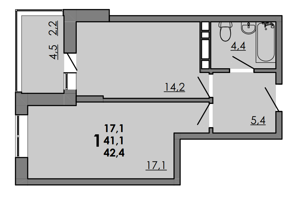 Планировка 1-комнатная 43,4 м²