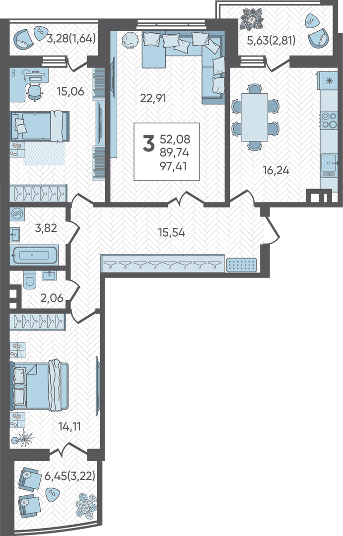 Планировка: 3-комн. квартира 97,4 м²