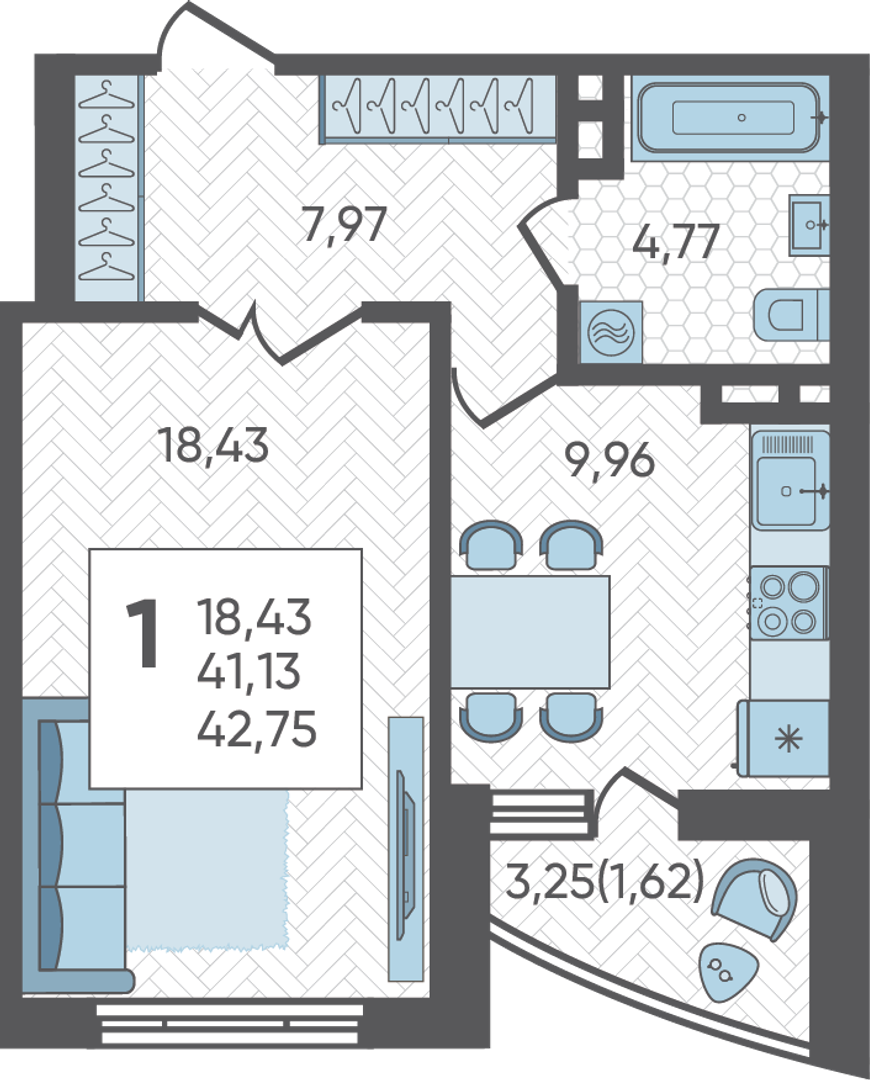 Планировка: 1-комн. квартира 42,8 м²