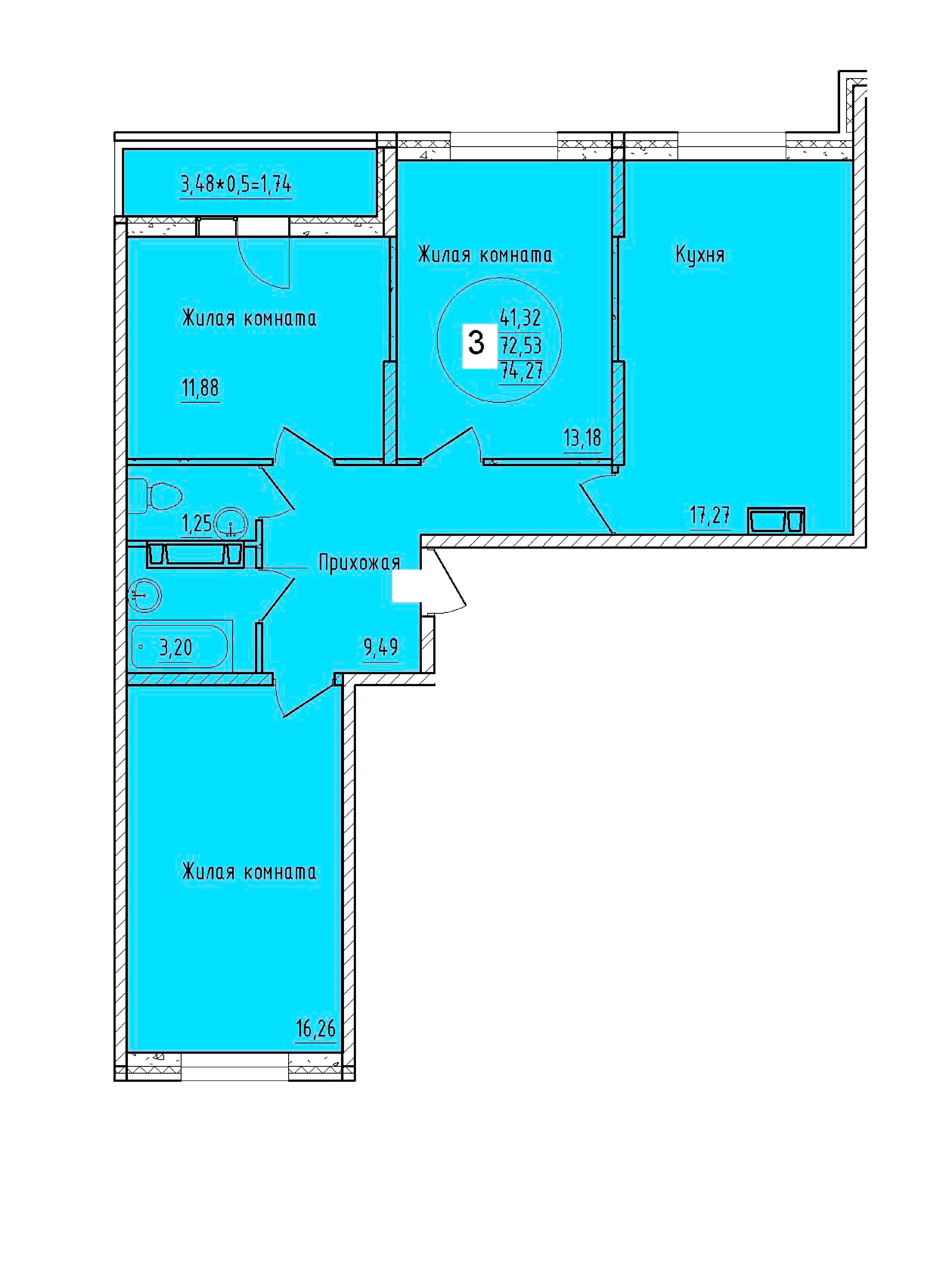 Планировка 3-комнатная 78,55 м²