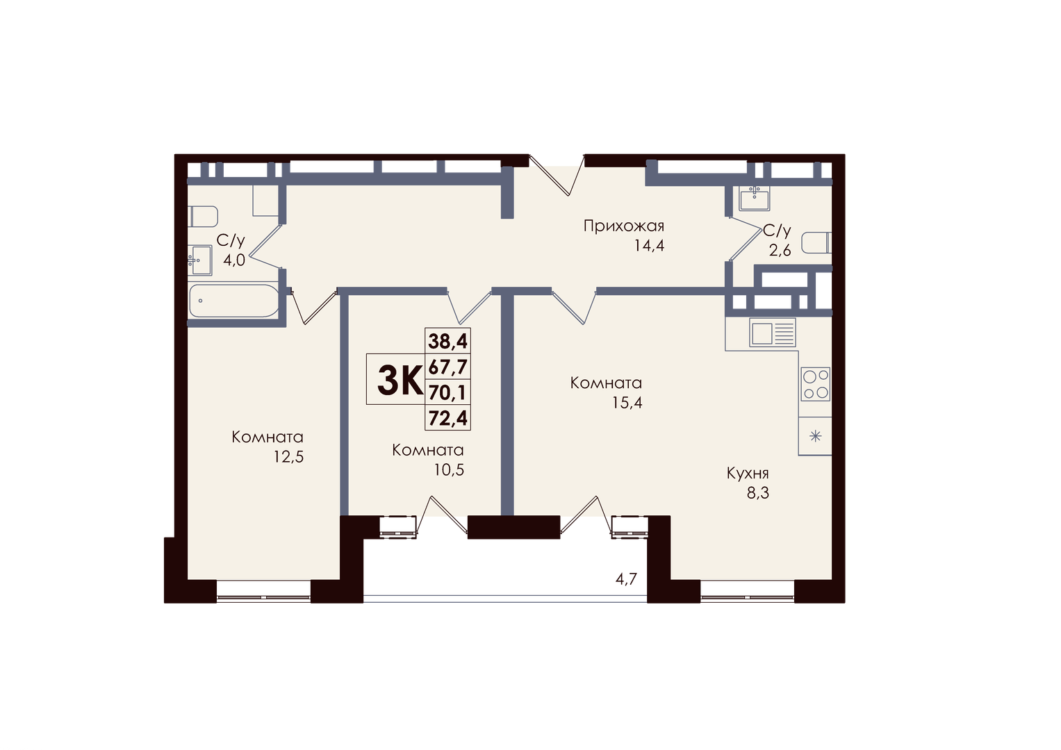 Планировка 3-комнатная 70,1 м²