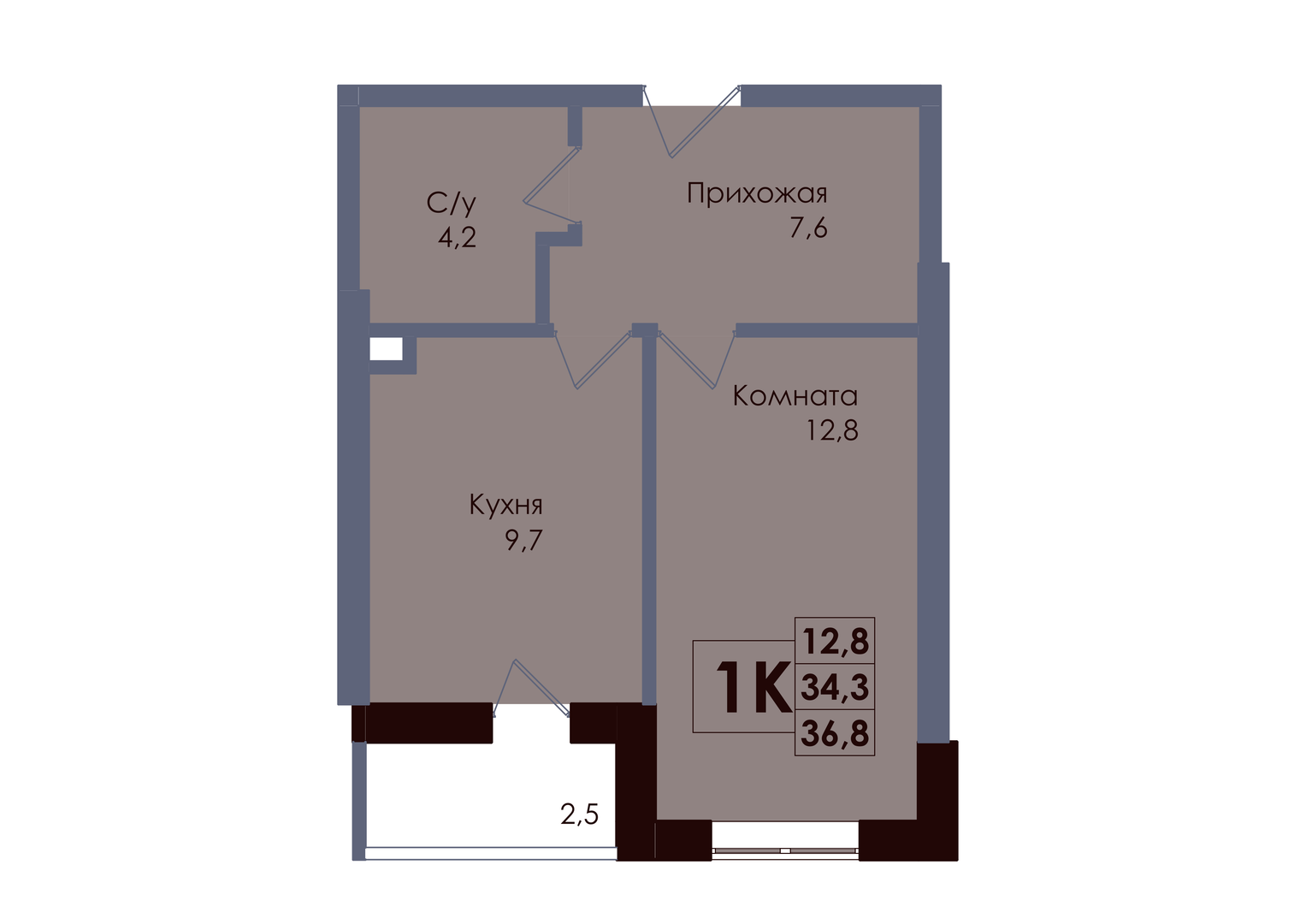 Планировка 1-комнатная 35,55 м²