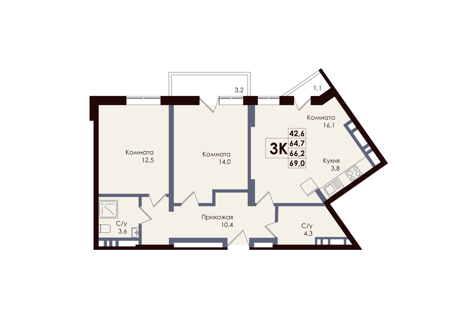 Планировка 3-комнатная 67,58 м²